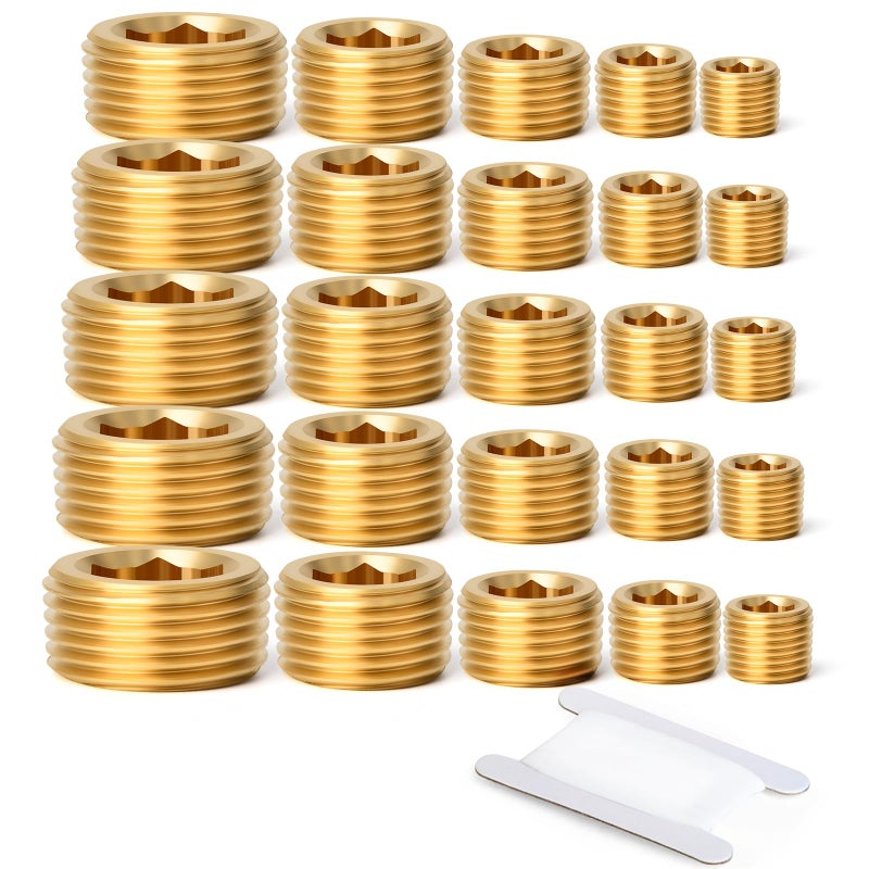 GASHER 25Pcs Brass Pipe Fitting,1/8" 1/4" 3/8" 1/2" 3/4" NPT Brass Internal Hex Thread Socket Pipe Plug Set - Image 1